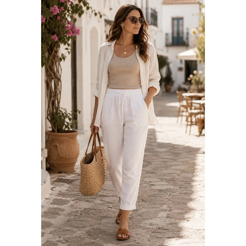 COS Off White Cotton Linen Blend Relaxed Drawstring Tapered Pants Womens Size 6